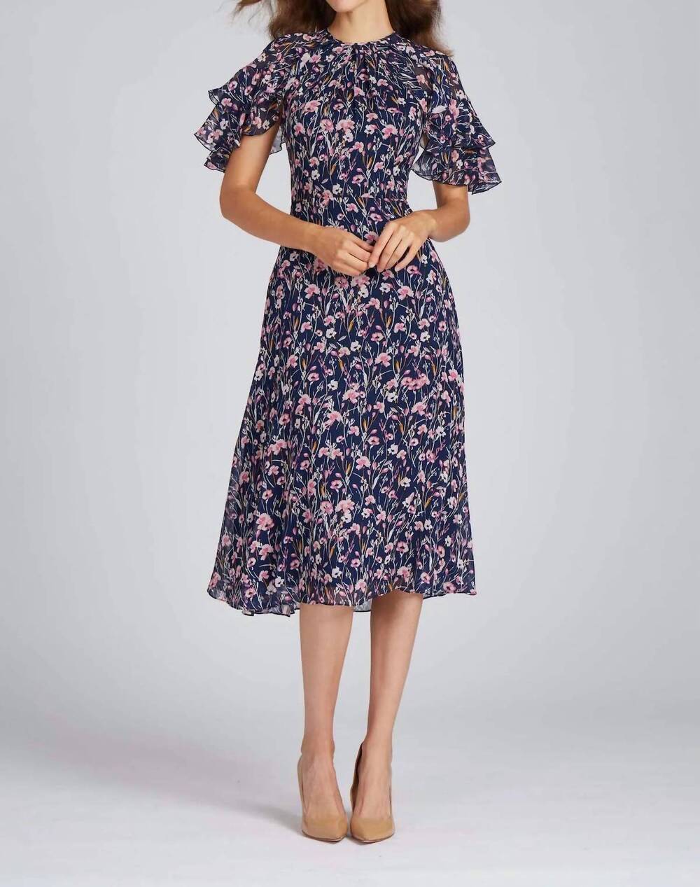 NEW TERI JON floral ruffle sleeve chiffon dress in navy